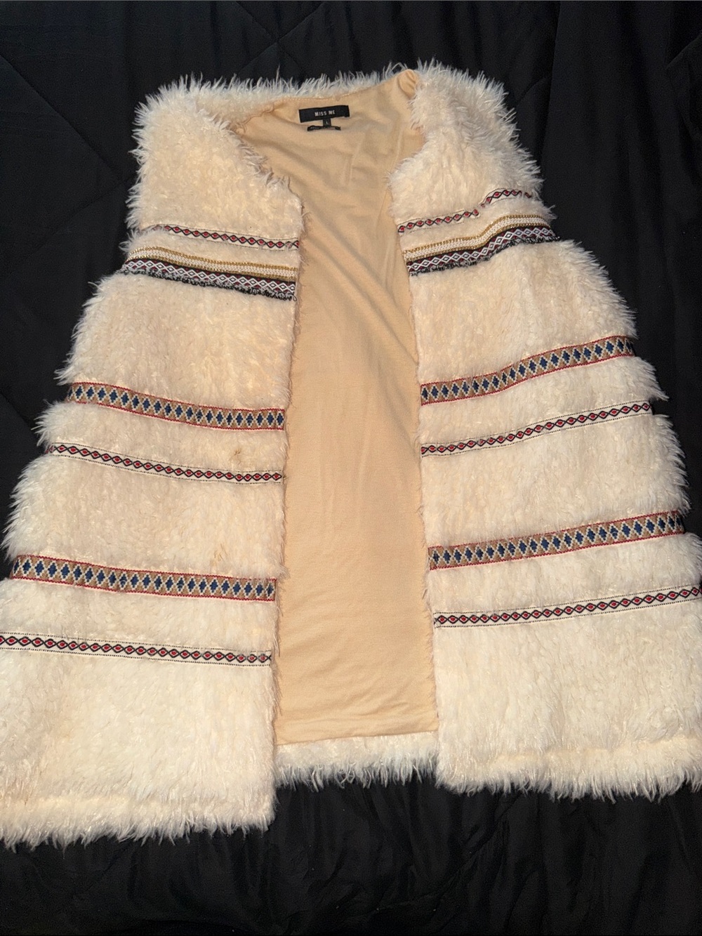 Miss Me Cream Faux-Fur Vest with Multicolor Tribal Trim